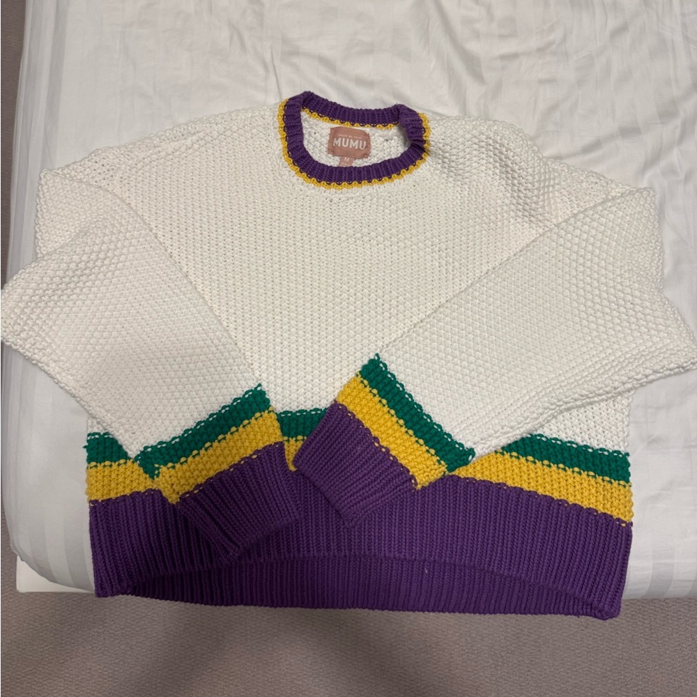 Fun Festive Mardi Gras Purple Green Yellow Knit Sweater